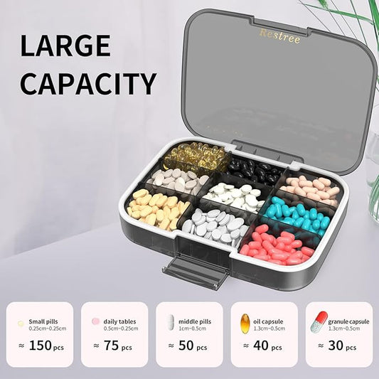 Restree Large Pill Organizer, Daily Pill Box, Portable Medicine Dispenser, Moisture-Proof Travel Pill Case for Vitamin, Medicine, Fish Oil/Supplements 9 compartments (Black)