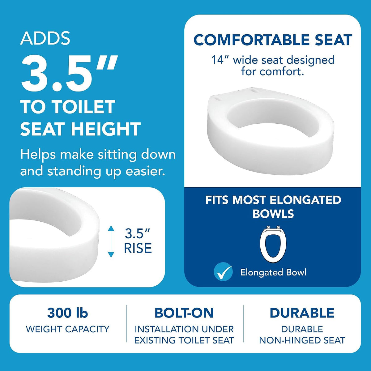 Carex Toilet Seat Riser, Elongated Raised Toilet Seat Adds 3.5 inches to Toilet Height, Assists with Bending or Sitting, Bolt-On Installation Under Existing Toilet Seat, 300 Pound Weight Capacity