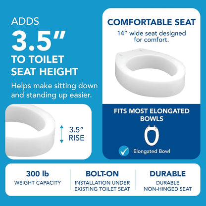Carex Toilet Seat Riser, Elongated Raised Toilet Seat Adds 3.5 inches to Toilet Height, Assists with Bending or Sitting, Bolt-On Installation Under Existing Toilet Seat, 300 Pound Weight Capacity