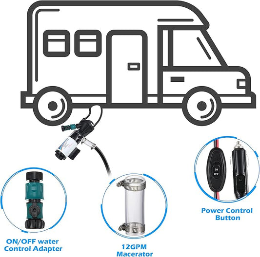 RV Macerator Pump for Sewage, 12V RV Portable Waste Chopper Pump for Camper Trailer Boat, 12GPM Suction 10 Feet Lift, 30s Run Dry Protection
