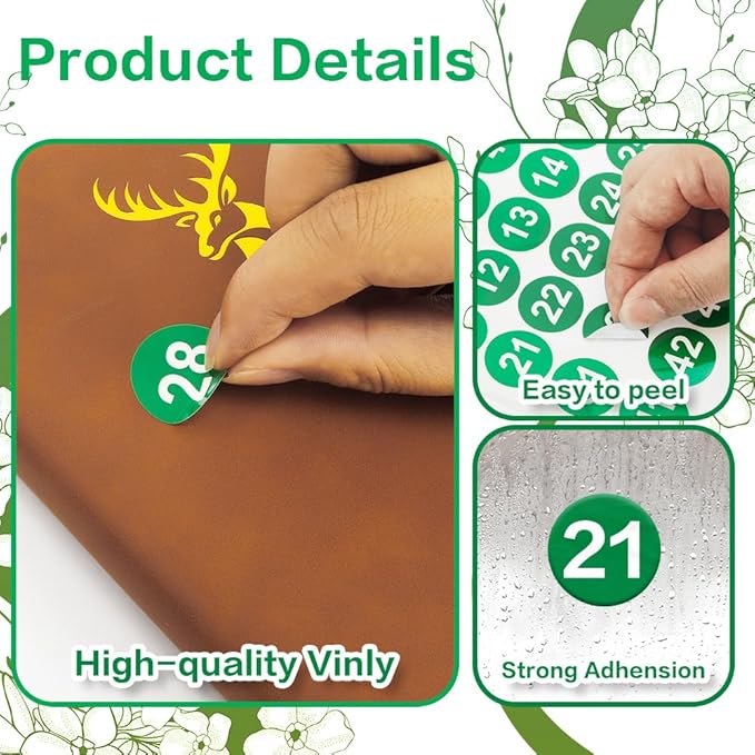 Number decals, consecutive number decals from 1 to 50, 10 sheets of round number labels, green vinyl small number decals for office, classroom, storage,