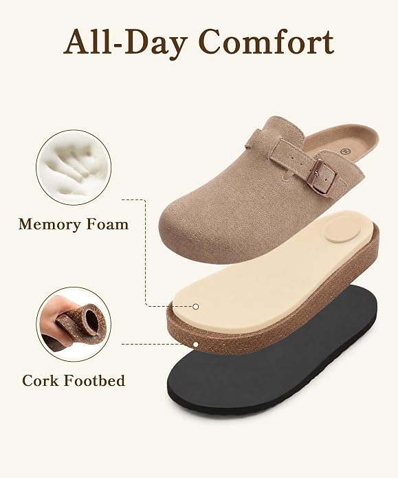 These genuine suede clogs from ODOLY feature a soft cork footbed, arch support, and an adjustable buckle for all-day comfort and a fashionable look.
