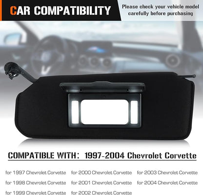 Left  Right Sun Visor with Light for 1997-2004 Chevy Corvette C5 5.7L, Driver  Passenger Side Black Sunvisor Replacement 10442033 10442034