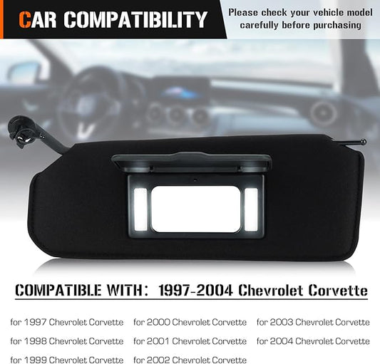 Left  Right Sun Visor with Light for 1997-2004 Chevy Corvette C5 5.7L, Driver  Passenger Side Black Sunvisor Replacement 10442033 10442034
