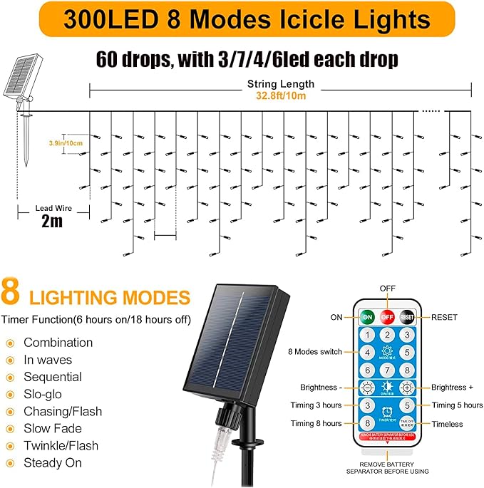 32.8ft 300LED Icicle String Lights Solar Hanging Light 8 Modes Waterproof Icicle Christmas Lights with Remote Decor Curtain Fairy Lights 60 Drops Hanging Decor Home,Party,Wedding (White)