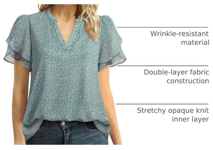 Lotusmile Womens Dressy Chiffon Blouses Summer Puff Petal Short Sleeve Shirts V Neck Casual Work Tops