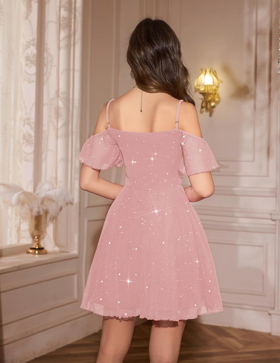 Meetjen Women's Short Prom Dresses for Teens Formal Sparkly Off Shoulder Tulle Sequin Cocktail Party Dress Homecoming