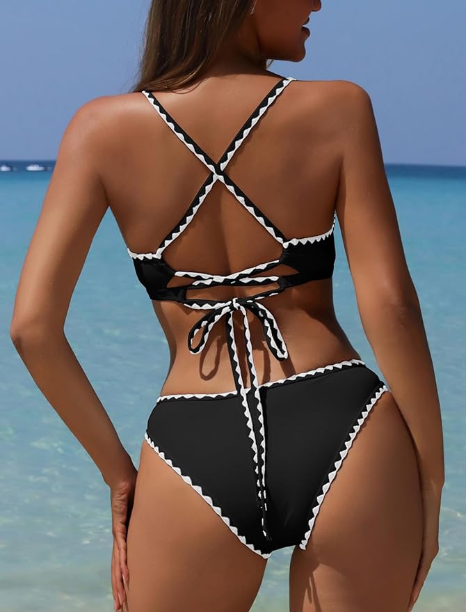 ZAFUL Women's Bikini Set Criss Cross Back Two Piece Swimsuits Scoop Neck Splicing Lace Up Textured Bathing Suits