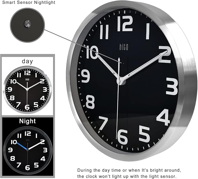 HITO 12 Inch Night Light Wall Clock Battery Operated Brightness Adjustable, Metal Frame, Glass Cover(Hands  Numbers Illuminate)