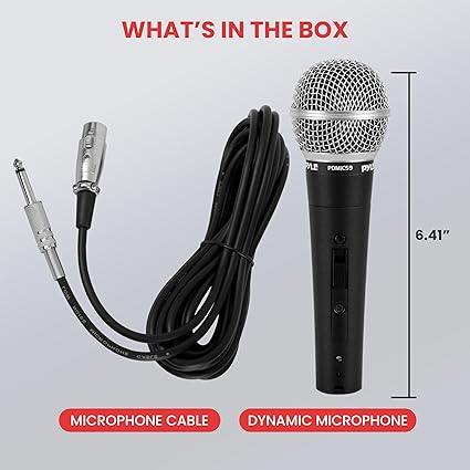 Pyle Professional Dynamic Vocal Microphone - Moving Coil Dynamic Cardioid Unidirectional Handheld Microphone with ONOFF Switch Includes 15ft XLR Audio Cable to 14'' Audio Connection - PDMIC59