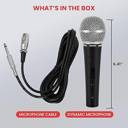 Pyle Professional Dynamic Vocal Microphone - Moving Coil Dynamic Cardioid Unidirectional Handheld Microphone with ONOFF Switch Includes 15ft XLR Audio Cable to 14'' Audio Connection - PDMIC59
