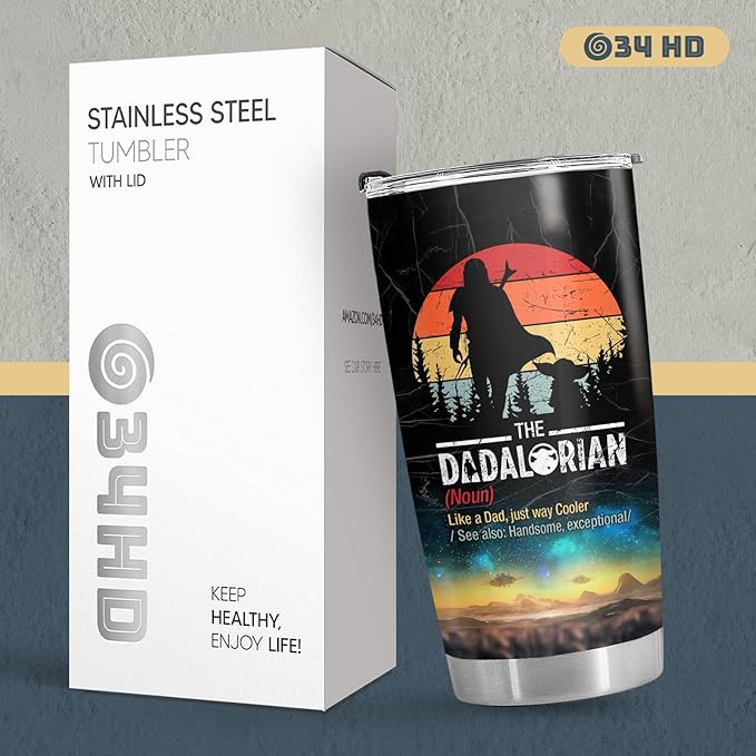 34HD Gifts for Dad, Dadalorian Tumbler with Lid 20 oz Stainless Steel, Father Drinking Cup, Star Dad Merch, Daddy Birthday Gifts from Daughter, Son, Wife