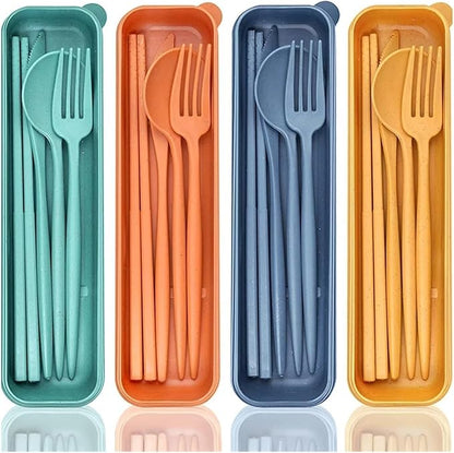 travel utensils 4PCSSet Wheat Straw Knife, Fork, Spoon And Chopsticks Set Students Outdoor Travel Portable Tableware(Orange)