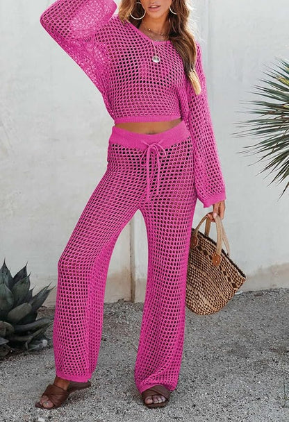 Pink Queen Women's Swimsuit Cover Up Set 2 Piece Crochet Long Sleeve Crop Top Wide Leg Pants Beach Coverups Outfits