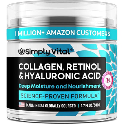 SimplyVital Collagen, Retinol  Hyaluronic Acid Cream - Anti-Aging Face Moisturizer for Face, Neck  Decollete - Made in USA, Daily Moisturizer Face Cream - 1.7 fl.oz.