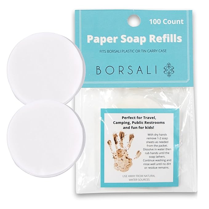 BORSALI Paper Soap Sheets - for Travel - Portable Dissolvable Dry Soap sheets; For Camping, Travel, Public Restrooms; 100 Refill Pieces To Go;