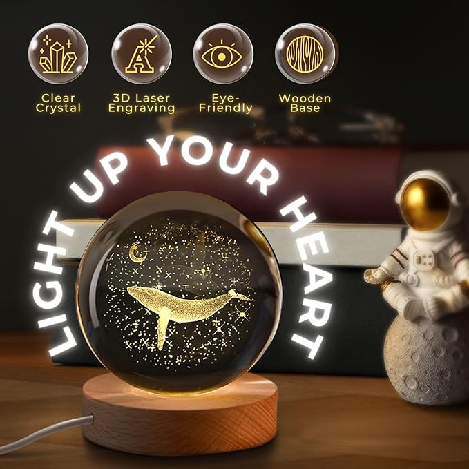 Flexzion 3D Whale Crystal Ball Night Light - LED Light Hologram Glass Lamp with Solid Wood Base, USB Powered Crystal Ball Lamp with Adjustable Brightness for Home Decor Display Gift, 2.4inch(60mm)