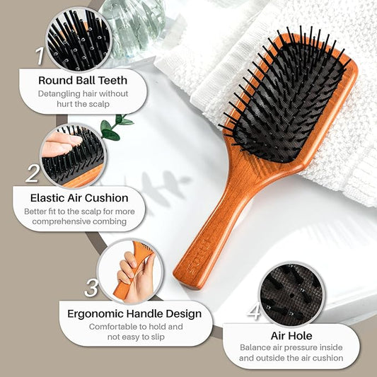 RHOS Wooden Paddle Brush With Nylon Bristles - Cushion Square Design for Detangling and Massaging All Hair Types (Men & Women)
