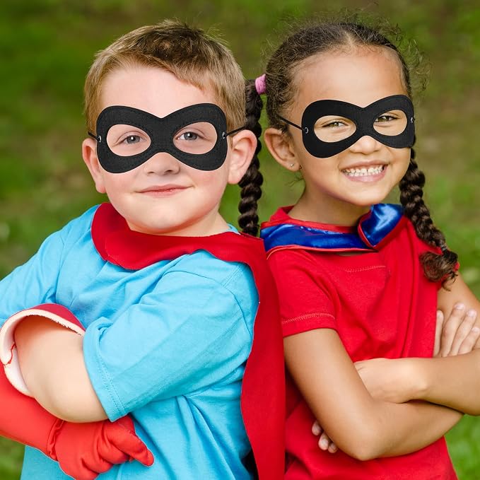 Superhero Black Eye Masks - Felt Halloween Dress Up Masks, Adjustable Black Masks with Elastic Rope - Great Party Cosplay Accessory - for Superhero Bandit Thief Adult Kids (2 Pcs)