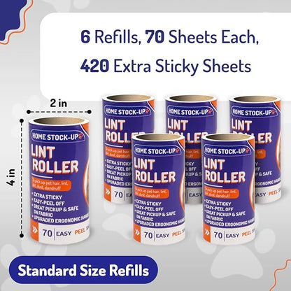 Lint Rollers for Pet Hair Extra Sticky Refills - Includes 420 Sheets6 Lint Roller Refills - Travel Size Pet Hair Roller Refills - Sticky Rollers for Pet Hair, Clothes, Furniture, Carpet etc