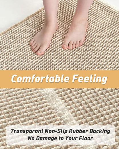 AMOAMI Upgraded Waffle Bath Mat, Super Absorbent Non Slip Bath Mats for Bathroom Floor, Machine Washable Bathroom Rugs with Tassels, Rubber Backed Bathroom Mats, Ultra Soft, 17" x 24",Brown & Cream