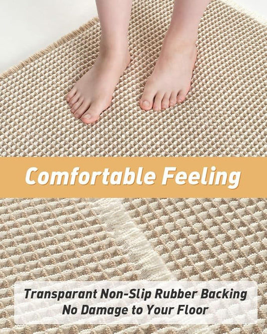 AMOAMI Upgraded Waffle Bath Mat, Super Absorbent Non Slip Bath Mats for Bathroom Floor, Machine Washable Bathroom Rugs with Tassels, Rubber Backed Bathroom Mats, Ultra Soft, 17" x 24",Brown & Cream