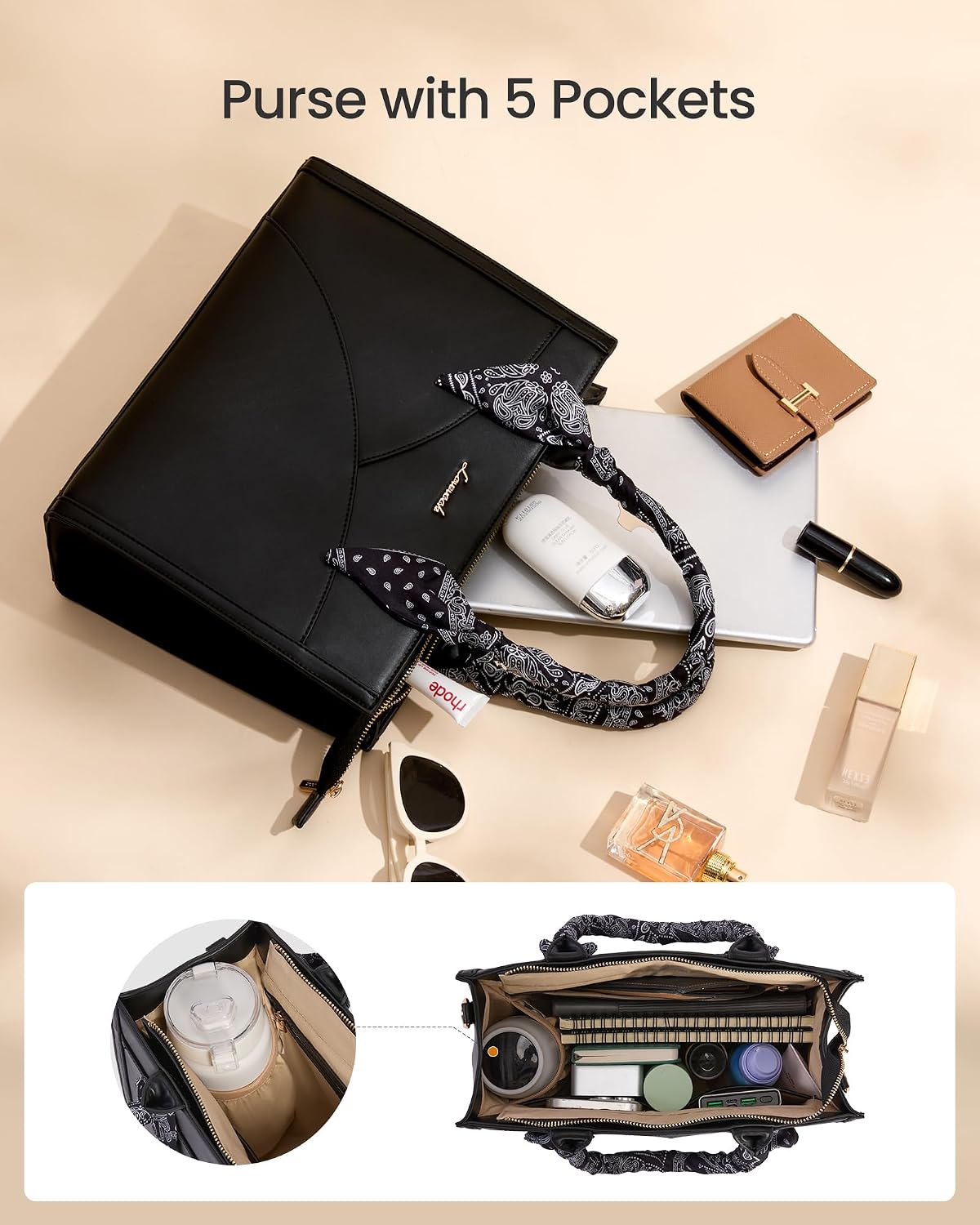 LOVEVOOK Purses and Handbag for Women, Waterproof PU Leather Tote Purse with Scarf, Satchel Top Handle Bags with Strap