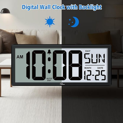 WallarGe Backlight Digital Wall Clock Battery Operated - with Temperature and Date 14.5'' Large Digital Wall Clock, Easy to Read and Set, Auto DST