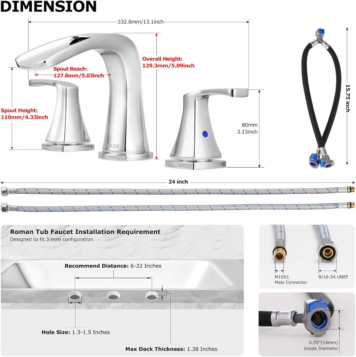 PARLOS Waterfall Roman tub Faucet with Valve, 2-Handle Widespread Tub Filler, Chrome, 1434201.