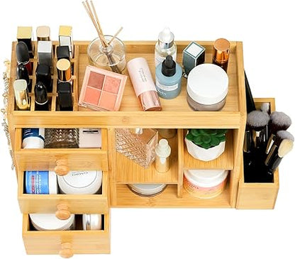 Elsjoy Bamboo Makeup Organizer with 3 Drawers  12-Grid Lipstick Holder, Desk Bamboo Vanity Jewelry Organizer, Countertop Cosmetic Storage Box Stand with Hooks for Hanging Jewelry