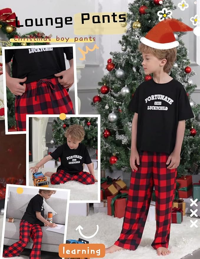Ekouaer Boys Pajama Pants 3 Pack Sleep Pants Soft Elastic Waist Kids Pajama Bottoms Plaid Lounge Pants with 2 Pockets