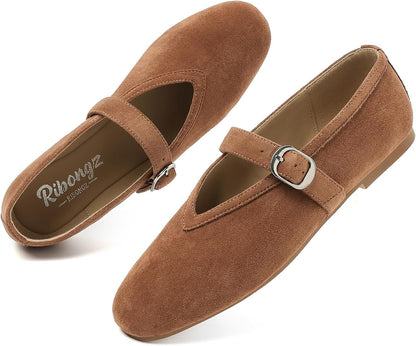 RIBONGZ Women's Flats Foldable Ballet Mary Jane Round Toe Dress Shoes with Ankle Strap Buckle Comfortable Slip On Leather Flat Girls Ballerina Shoes for Office Work Party Walking Casual