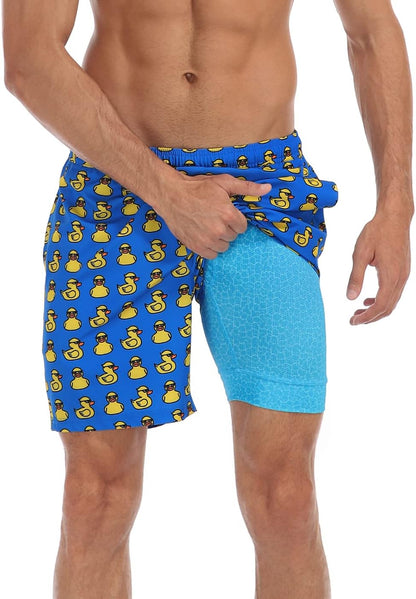 LRD Mens Swim Trunks with Compression Liner 7 inch Inseam Quick Dry Swim Shorts