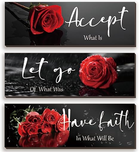 3 Pcs Red Decor Flower Inspirational Wooden Wall Art Red Roses Decor Office Wall Decor with Accept Let Go Have Faith Positive Quotes for Girl Women Bathroom Living Room Bedroom(Red Rose12 x 4 Inch)