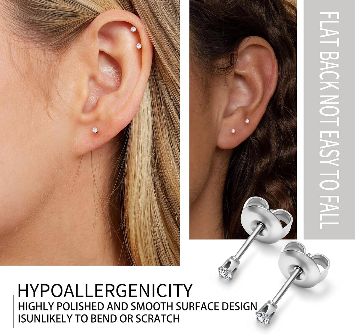 Stud Earrings for Women, 20G Hypoallergenic Surgical Steel Cubic Zirconia Earrings CZ Earrings ( 10 )