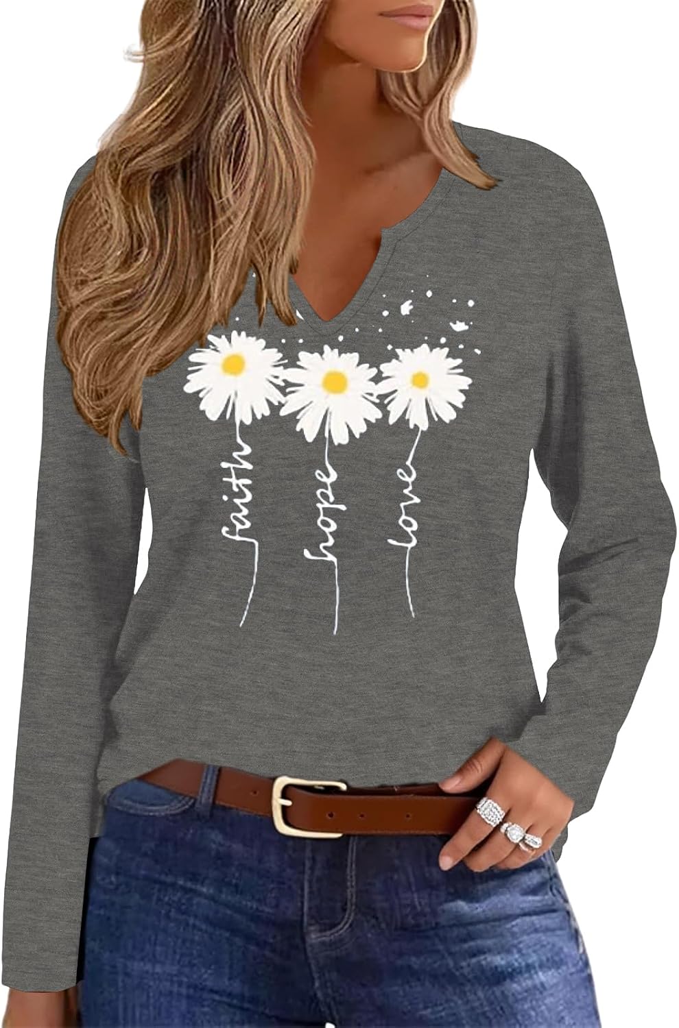 Womens V-Neck Long Sleeve T-Shirt Flower Graphic Tees Fall Fashion Boho Tops Tshirts Loose Casual Western Country T Shirts