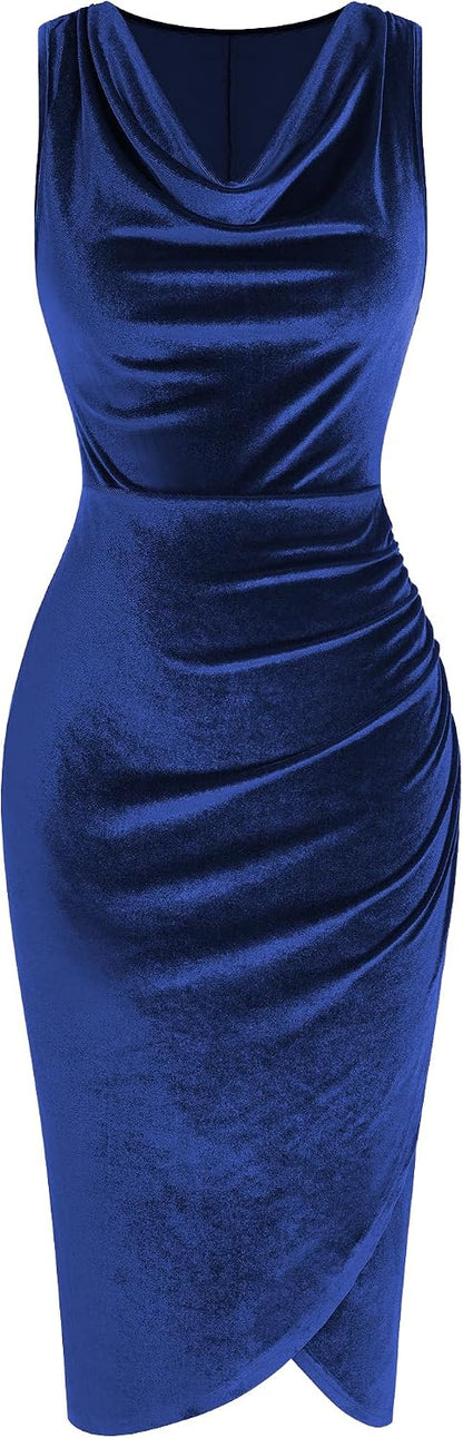 ZAFUL Womens Sleeveless Cocktail Dresses V Neck Party Midi Wedding Guest Dress Ruched Bodycon Work Office Dress.
