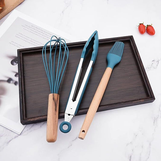 1pc Blue Silicone Kitchen Tong, Stainless Steel Food Tongs with Non-stick Silicone Tips for Serving Food, Locking Silicone Tong for Salad BBQ Serving Buffet Frying.