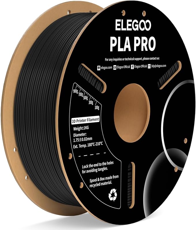ELEGOO PLA PRO Filament 1.75mm Black 1KG, 30-250mm/s Printing Speed Improved Rigidity 3D Printer Filament Dimensional Accuracy +/- 0.02mm, 1kg Spool (2.2lbs)