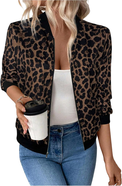 Women's Cheetah Leopard Print Long Sleeve Blazer Jackets Animal Print Zip Up Bomber Outerwear