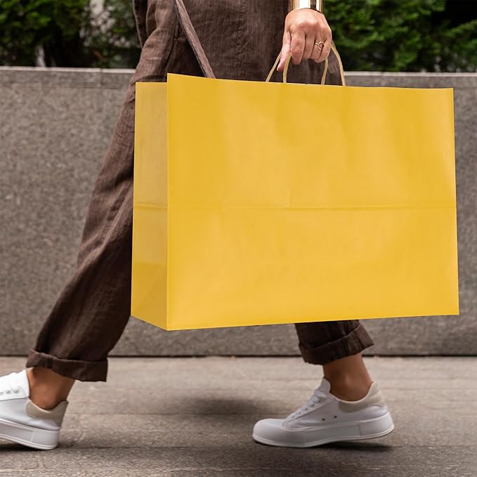 BLEWINDZ 50Pcs Kraft Paper Bags - Large Size 16x6x12 Inches Gift Bags with Handles Bulk  Yellow Goodie Bag Shopping Bag for Grocery Merchandise