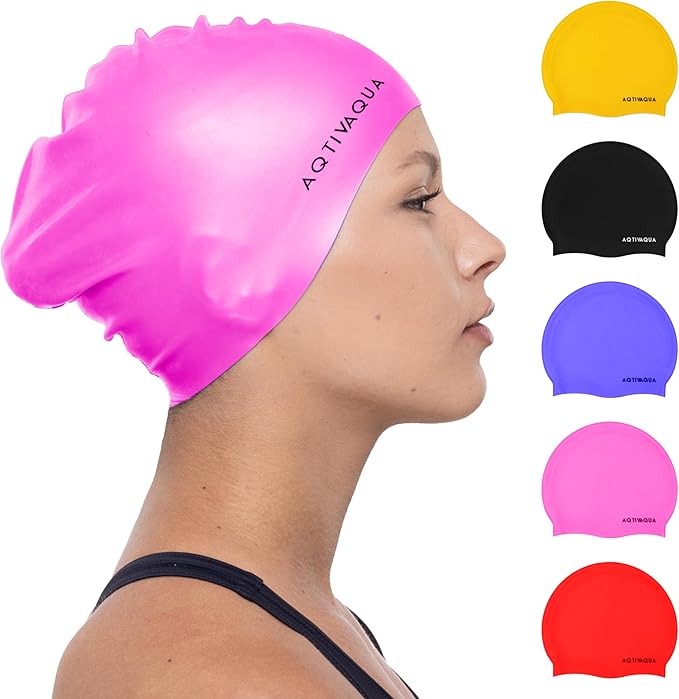 AqtivAqua Silicone Swim Cap Waterproof // Comfortable Swimming Cap for Women Men Adult and Kids