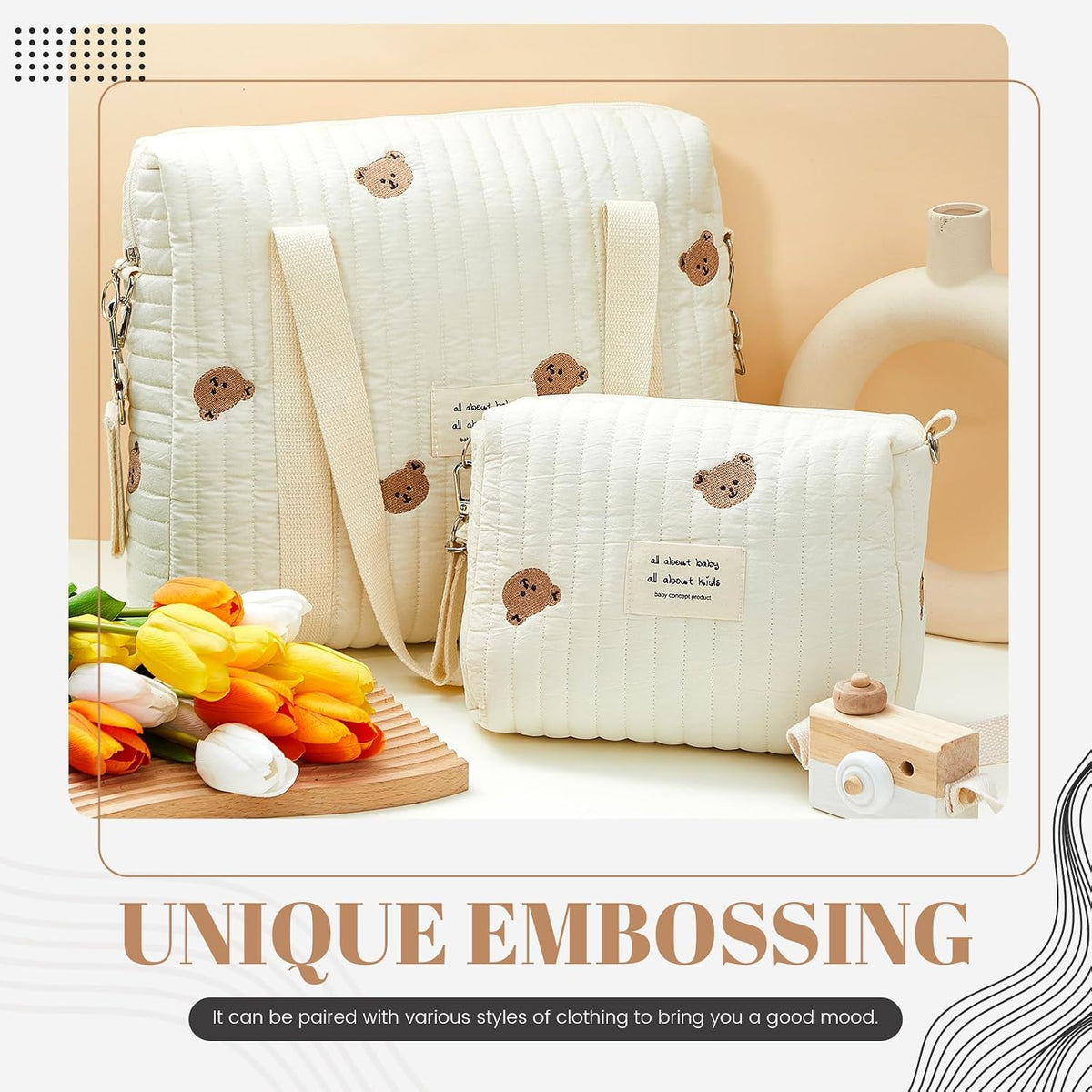 Paterr 2 Pcs Diaper Bag Tote for Women Multifunction Multisize Maternity Bag Quilted Cotton Cute Diaper Bag