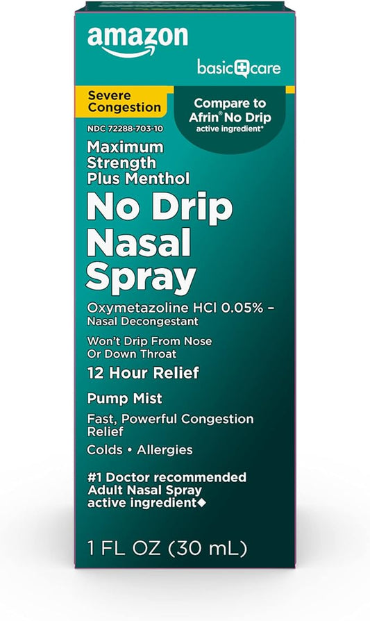 Basic Care No Drip Severe Congestion Nasal Pump Mist Spray, 12 Hour Relief, Oxymetazoline HCl, Maximum Strength Plus Menthol, Steroid Free, 1 fl oz (Pack of 1)