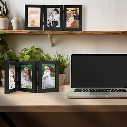 Golden State Art, 4x6 Three Picture Frame Trifold Hinged Photo Frame with 3 Openings, Desk Top Family Picture Collage, with Real Glass (4x6 Triple, Black, 1-Pack)