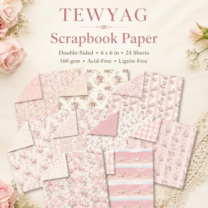 Floral Pink Scrapbook Paper Pad, 6x6 Aesthetic Craft Paper, 24 Sheets Double-Sided Decorative Patterned Decorative Junk Journal Supplies for Mixed Media, Card Making, Decoupage & DIY Art