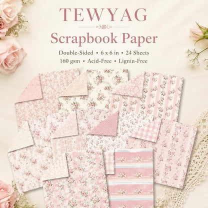 Floral Pink Scrapbook Paper Pad, 6x6 Aesthetic Craft Paper, 24 Sheets Double-Sided Decorative Patterned Decorative Junk Journal Supplies for Mixed Media, Card Making, Decoupage & DIY Art