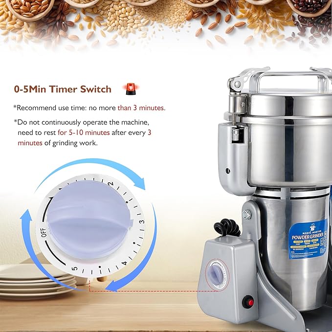 MAGIC MASTER 300g Grain Mill Grinder Electric,High Speed 1500W Commercial Spice Grinder,Safety Stainless Steel Dry Grinder Machine For Flour Wheat Nut Corn Rice Pepper Herbs Coffee Beans,Swing,110V