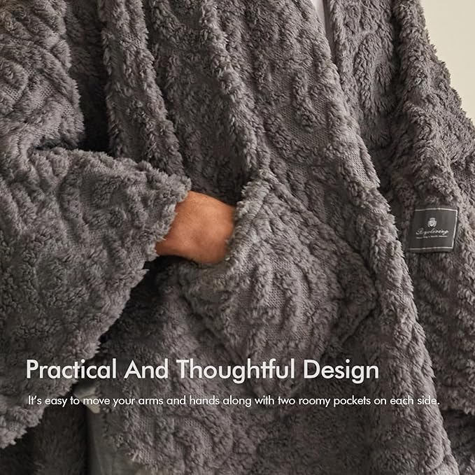 Royoliving Fuzzy Sherpa Wearable Fleece Blanket with Pockets for Adults, Ultra Soft Plush Shawl TV Throw Blankets (Grey, 58'' x 64'')