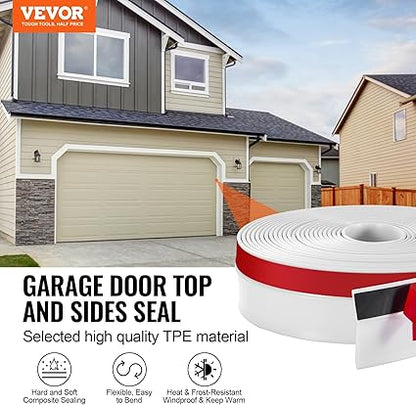 VEVOR Garage Door Seal Top and Sides Seal Strip, 34 FT Universal Weather Stripping Replacement Soft and Hard Composite, Weatherproofing Garage Door TPE Seals with Adhesive Backed and Screws, White